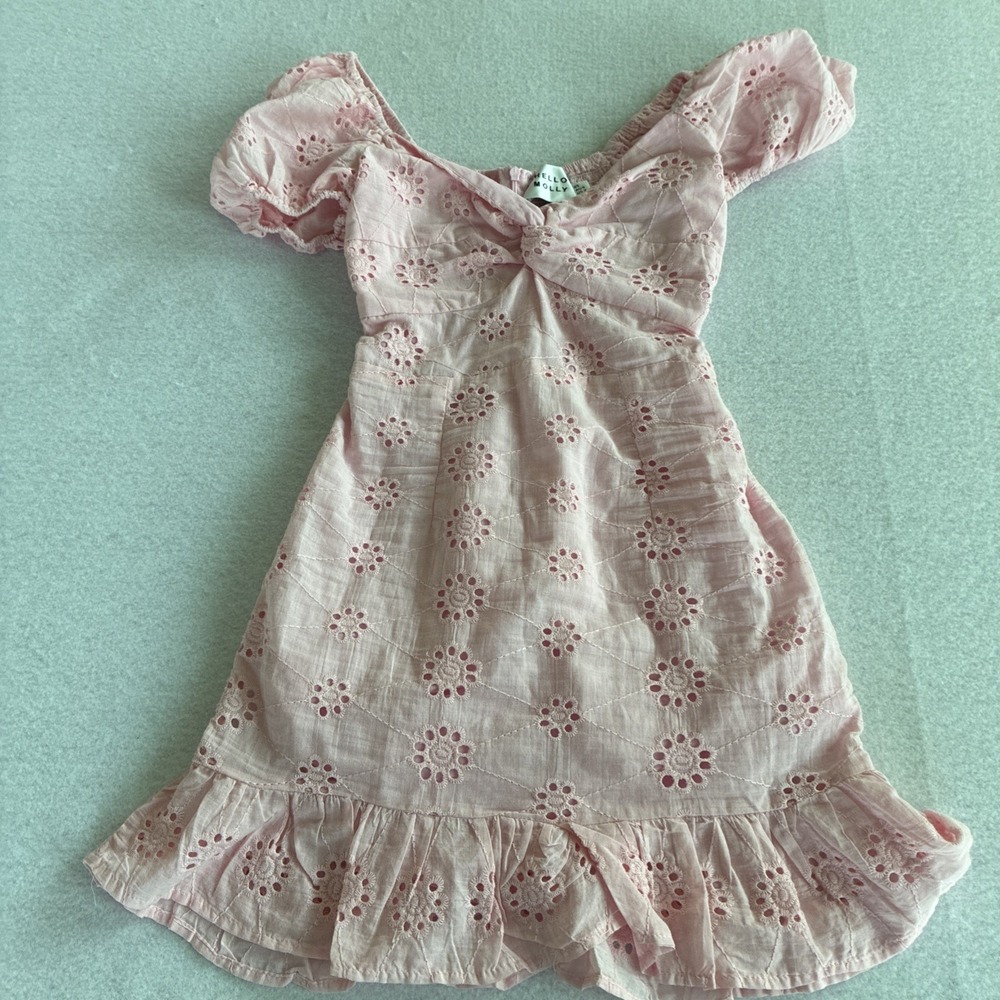 Hello Molly‎ Pink Floral Eyelet Mini Dress Puff Sleeve Boho Coquette Size 2